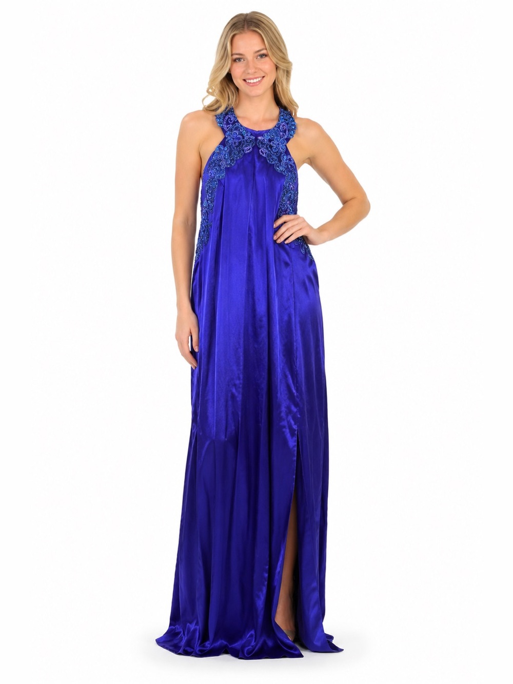Jessica McClintock Gunne Sax Vintage Royal Blue Beaded Halter Evening Gown 11/12